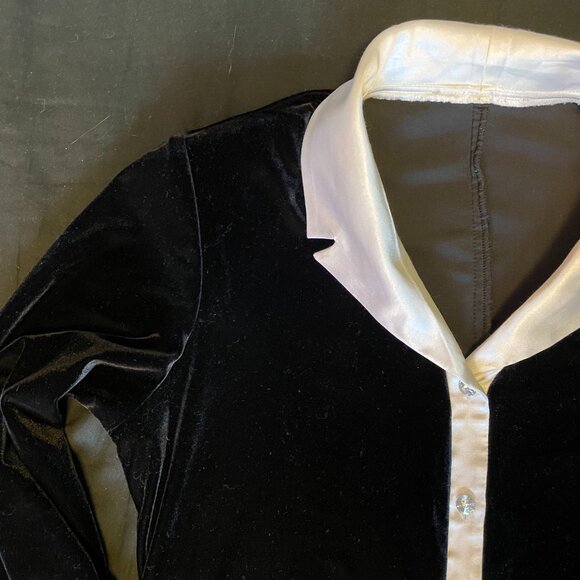 Black Velvet Long Sleeve Button Up Blouse with white collar and hand cuffs - Picture 5 of 8
